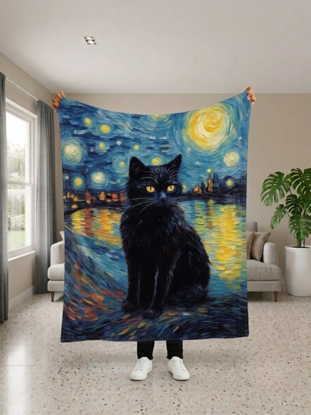Black Cat Starry Night Sherpa Blanket
